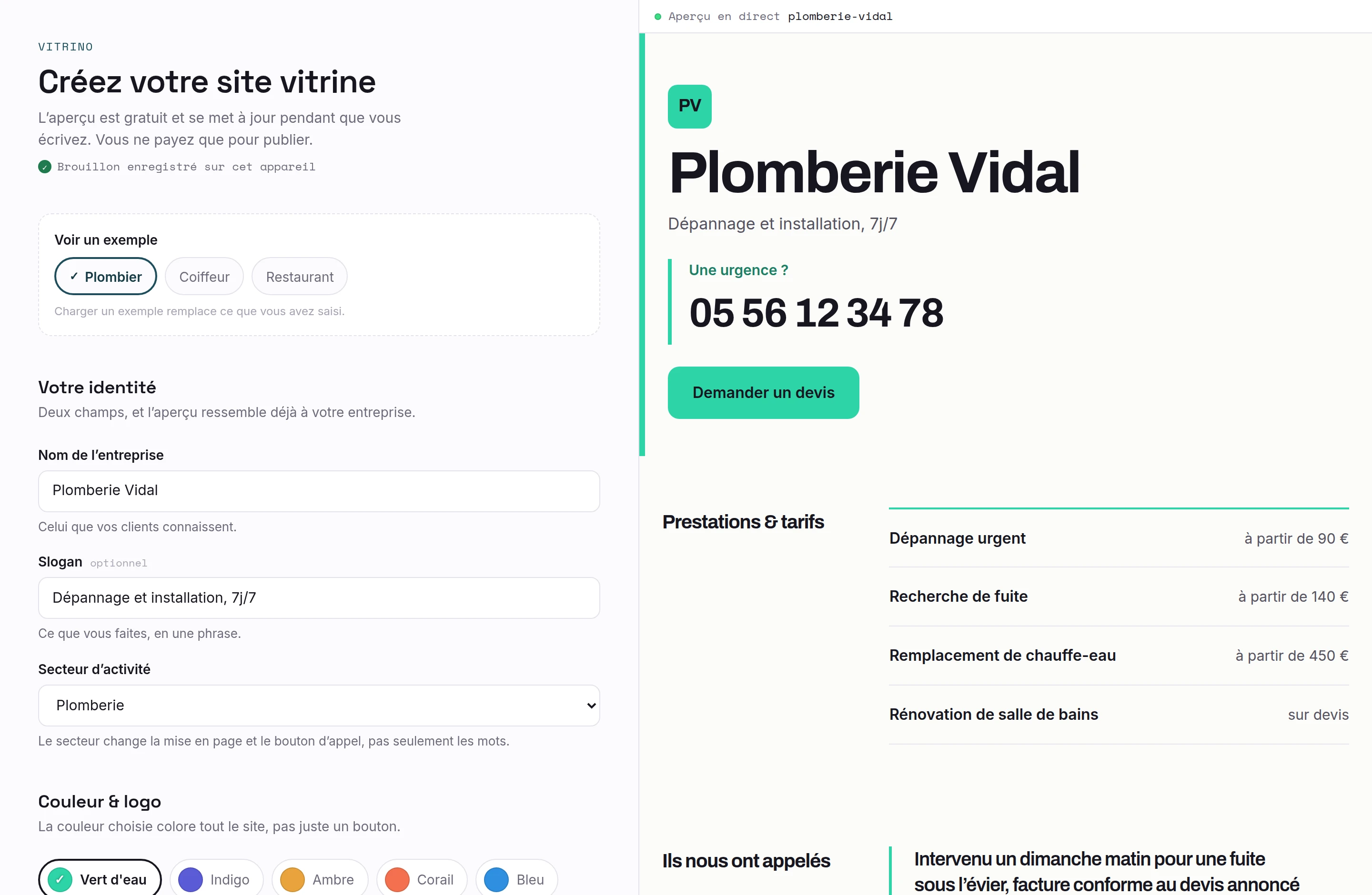 L’outil Vitrino : à gauche le formulaire avec le nom et le secteur, à droite le site du plombier qui se met à jour en direct.