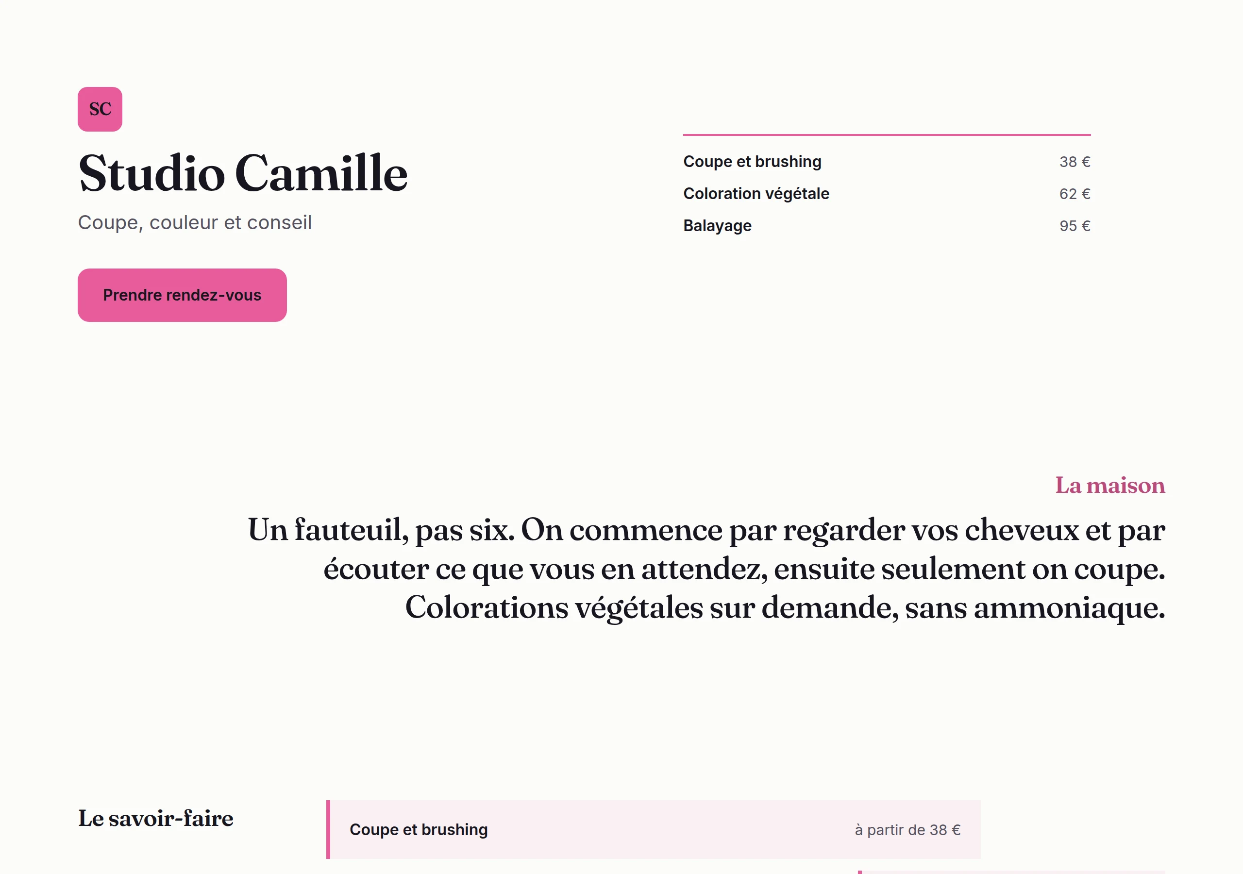 Site généré pour Studio Camille, métier : Coiffure