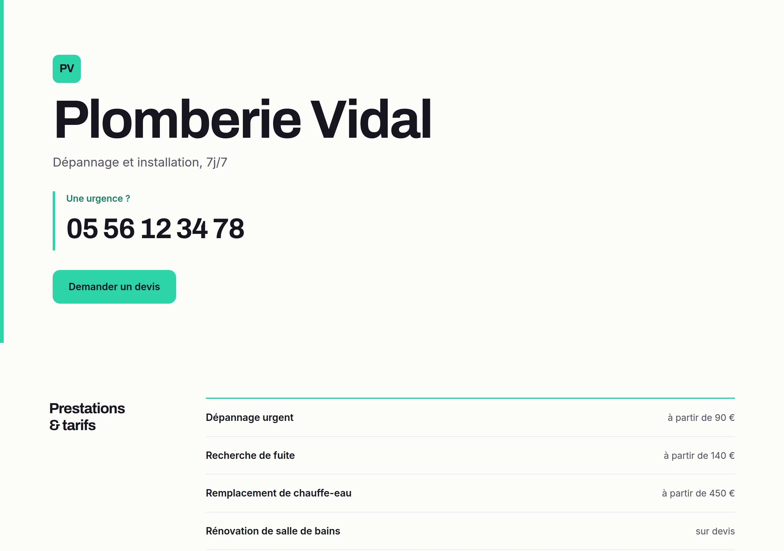 Le site d’un plombier généré par Vitrino : son nom en grand, son numéro d’urgence mis en avant, puis ses prestations et ses tarifs.