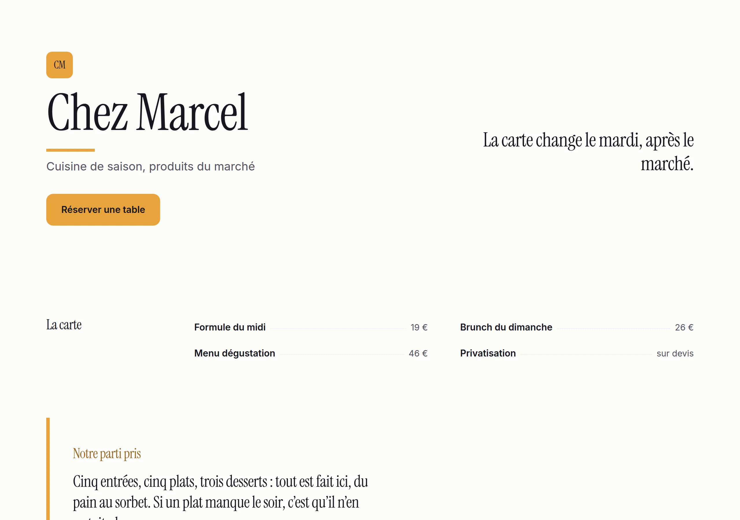 Site généré pour Chez Marcel, métier : Restauration